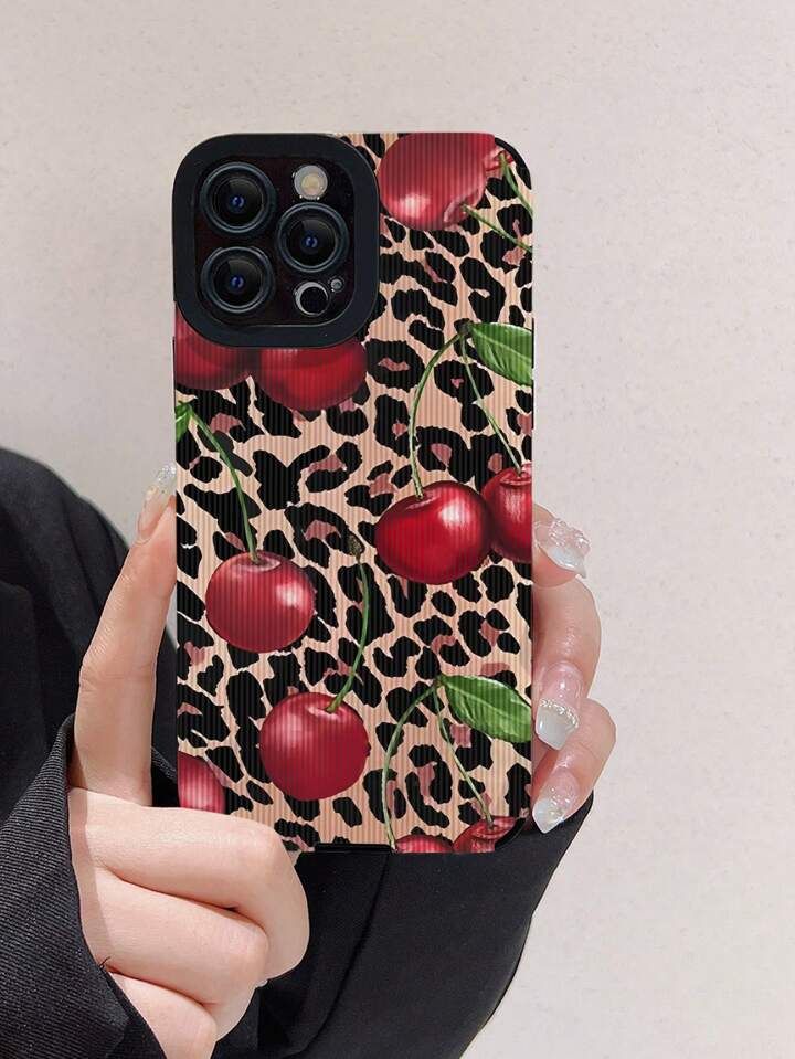 1pc Leopard Print & Cherry Pattern Pu Leather Shockproof Colorful Painting Phone Case For Apple I... | SHEIN