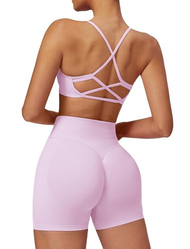 ABOCIW Workout Sets for Women 2 Piece Seamless Backless Sports Bra Scrunch Butt High Waist Biker Shorts Gym Set Yoga Athletic Clothes Pink X-Large | Amazon (US)