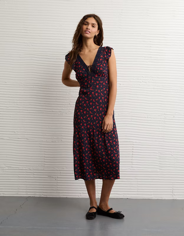 AE Short Sleeve V-Neck Midi Dress | American Eagle Outfitters (US & CA)