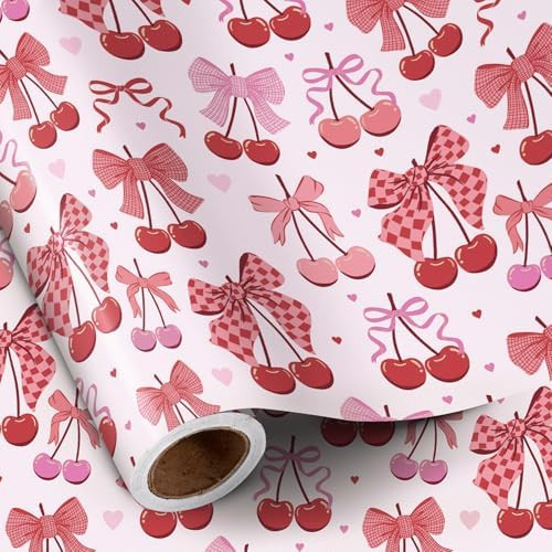 RUSPEPA Cherry Bow Wrapping Paper Roll, Mini Roll, Romantic Cherry Bow Tie Ribbon Gift Wrap, Pink... | Amazon (US)