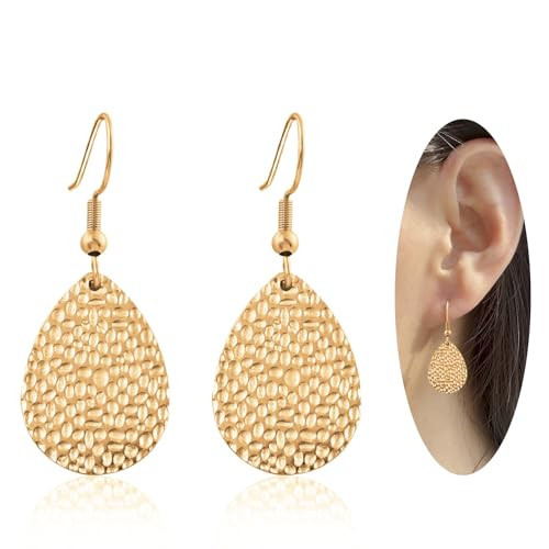 Gold Teardrop Drop Dangle Earrings for Women Hypoallergenic Handmade Hammered Gold Earrings for Sensitive Ears | Amazon (US)