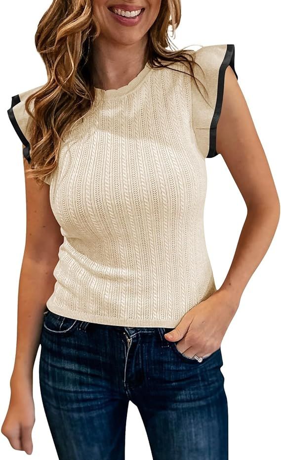 Saodimallsu Womens Summer Sleeveless Sweaters Vest Slimming Crewneck Cable Knit Ruffle Sweater Ta... | Amazon (US)