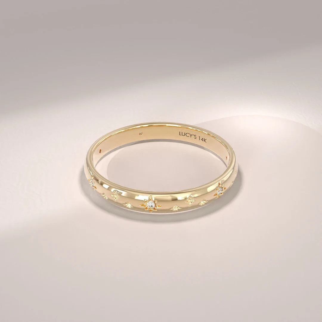 Diamond Minimal Star Pave Band, 14k Gold Celestial Wedding Band, Womens Solid Gold Starbust Etern... | Etsy (US)
