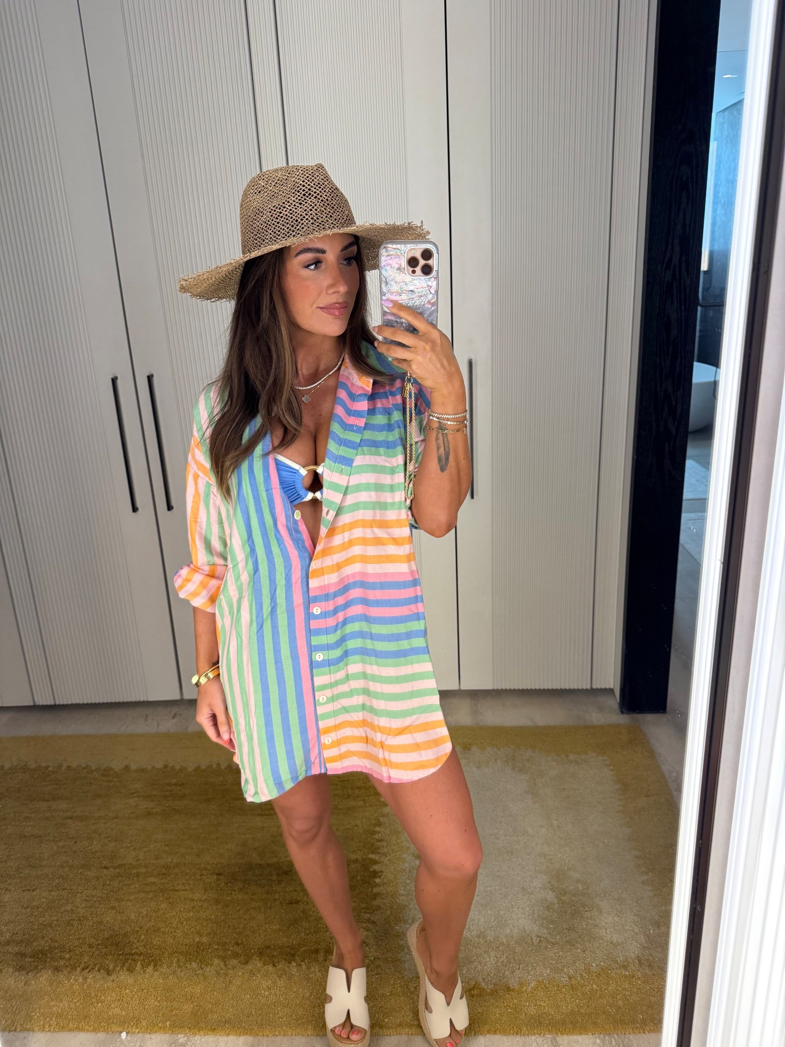 Size xs in coverup 
Medium bikini top
Petite bottoms 
