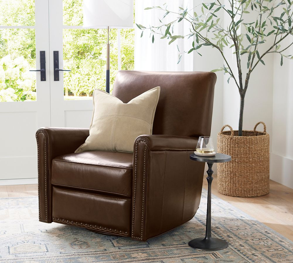 Irving Roll Arm Leather Manual & Power Swivel Glider Recliner | Pottery Barn (US)