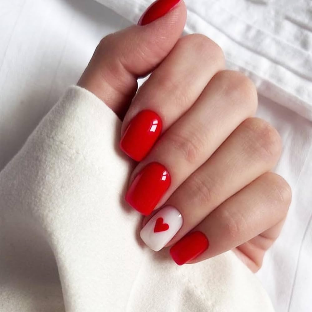 Red Love Heart Press on Nails Short Square Valentines Acrylic Fake Nails Glossy Red Heart False N... | Amazon (US)