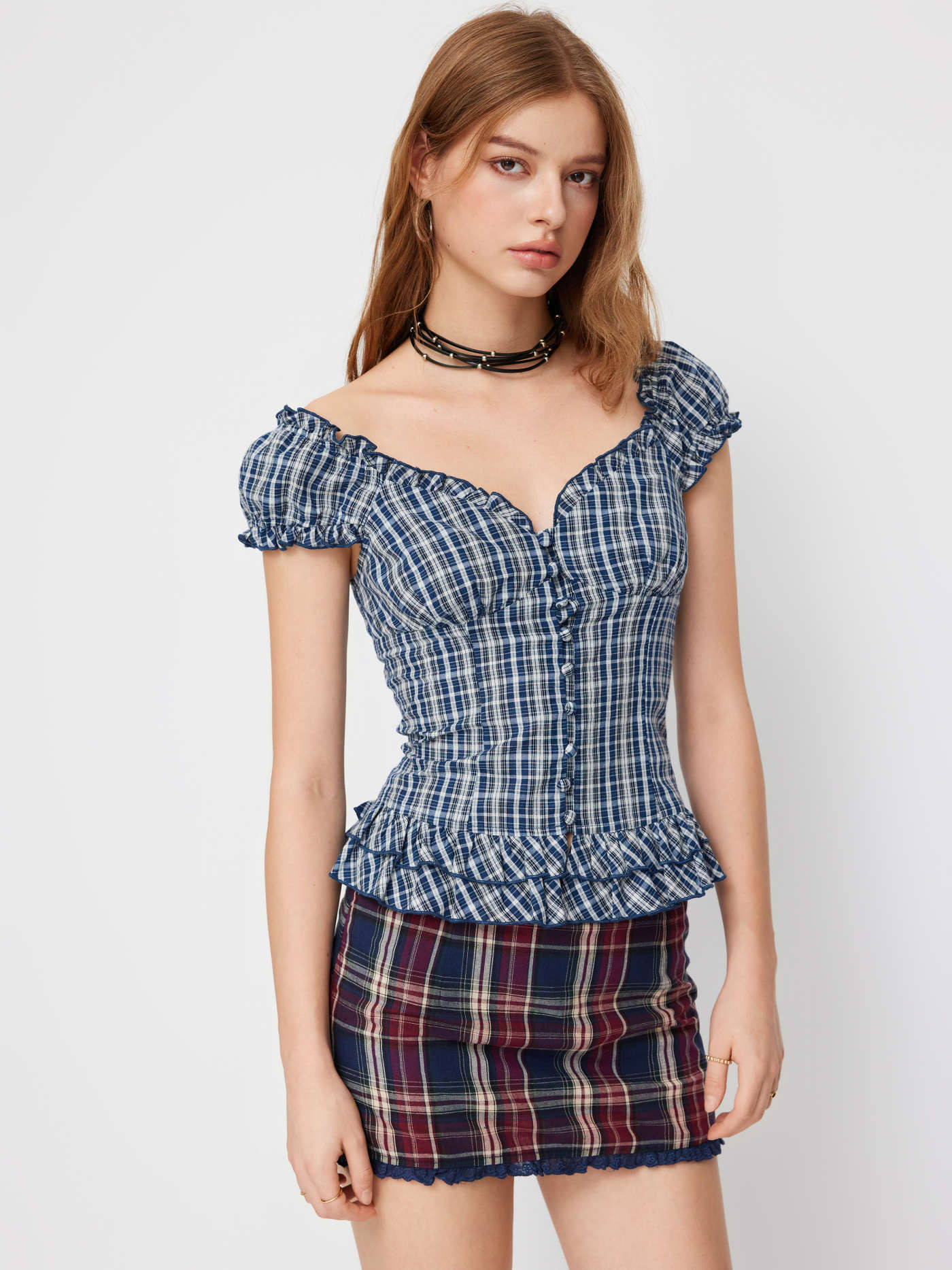 Woven Sweetheart Tartan Ruched Lettuce Trim Layered Blouse For Daily Casual | Cider