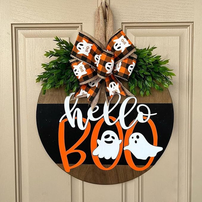 Halloween Hello Boo Door Sign for Front Door, Ghost Welcome Sign Door Wreath Funny Ghost Decor Wo... | Amazon (US)