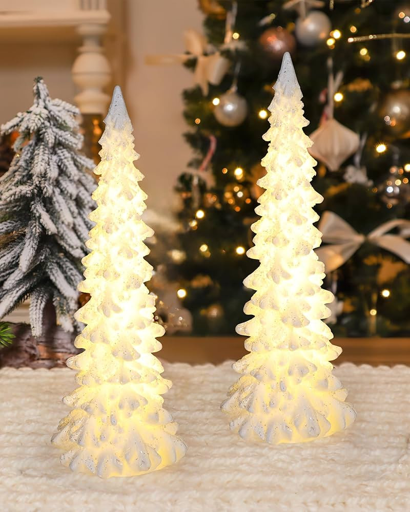 iStatue Tabletop Christmas Tree Decoration 8.3'' Tall - Set of 2 Mini White Resin LED Trees with ... | Amazon (US)