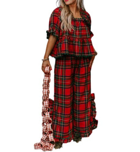 Meiweileya Womens Christmas Plaid Pajamas Ruffle Gingham Two Piece Pjs Pajama Lounge Set Short Sleeve Shirt Pant Sets Sleepwear (Red Plaid Christmas, L) | Amazon (US)