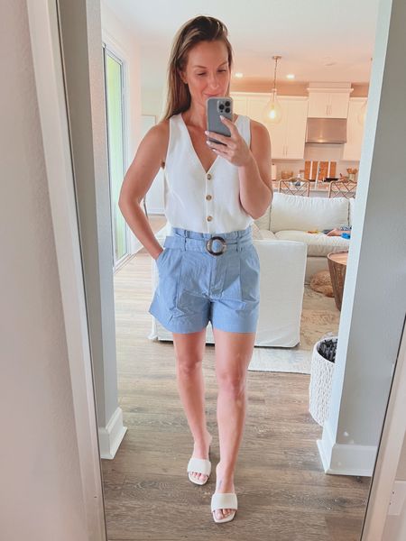Loft Sale!  
Small in top
Size 4 in shorts 

Work outfit, summer outfit, casual
Outfit, sweater tank, linen shorts, loft, old navy, Steve Madden 

#LTKfamily #LTKfit #LTKunder50