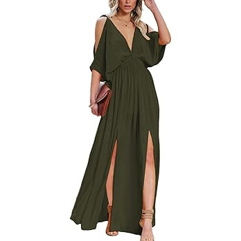 DEEP SELF Women Summer V Neck Cold Shoulder Short Sleeve Maxi Dress High Waist Split Wedding Gues... | Amazon (US)