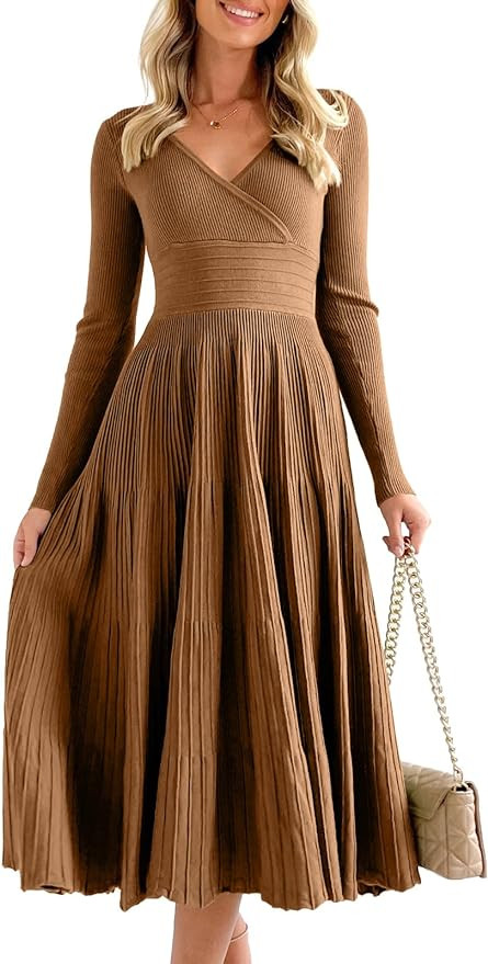 Saodimallsu Womens Long Sleeve Midi Sweater Dress Wrap V Neck Pleated A Line Fit Flare Elegant Kn... | Amazon (US)