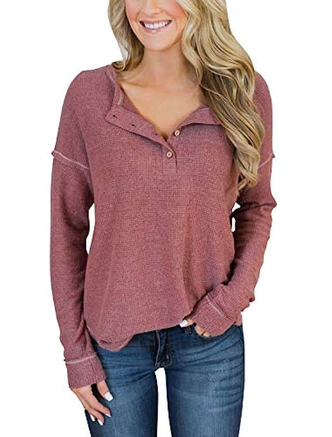 PRETTODAY Women's Long Sleeve Henley Tops Button Down Pullover Blouse | Amazon (US)