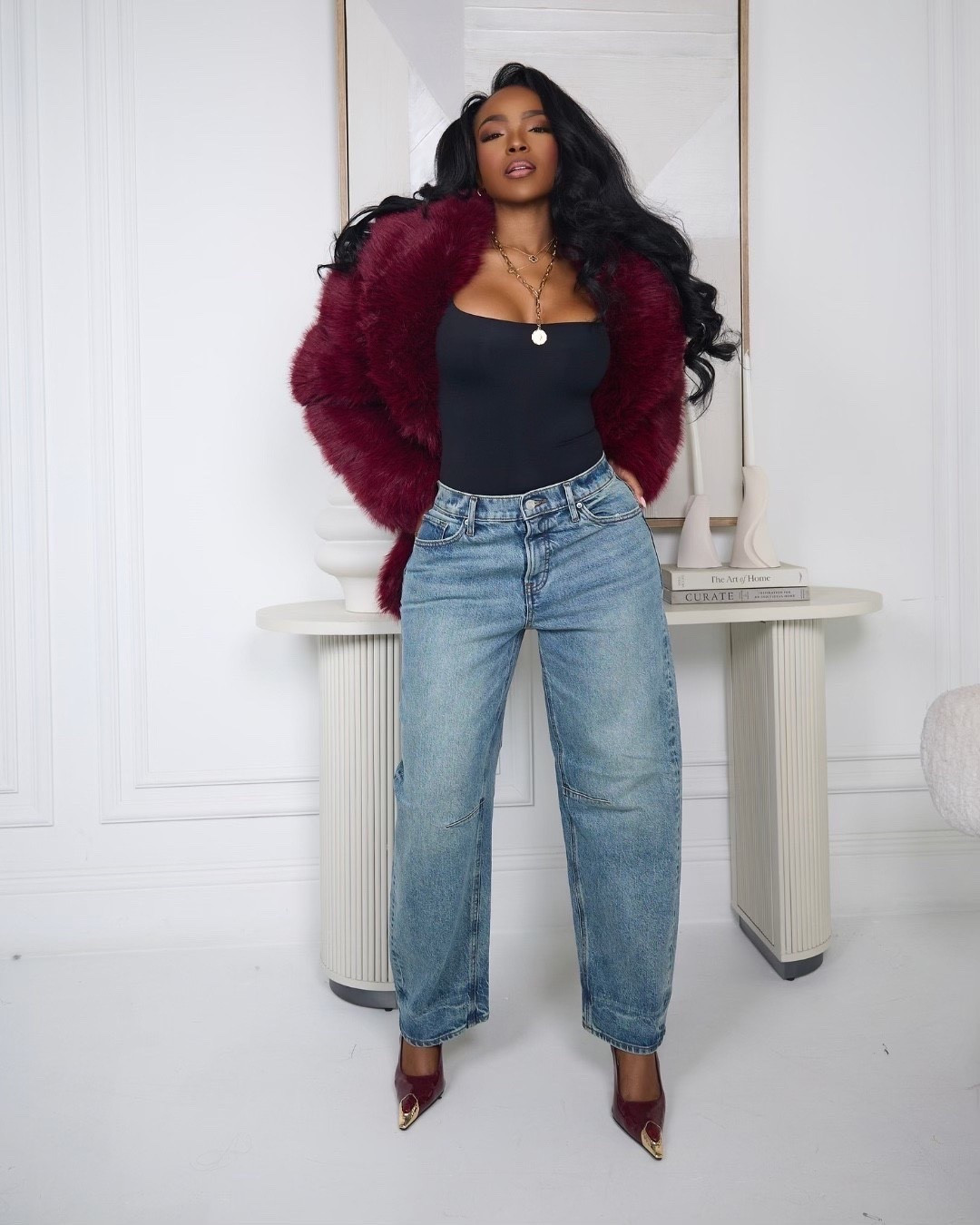 A little texture goes a long way — this rich burgundy faux-fur jacket instantly elevates classic denim and a sleek black bodysuit. The mix of warm tones with cool denim creates that luxe, effortless vibe, while the pointed heels tie everything together for a polished winter look.

Perfect for date nights, holiday dinners, winter events, and any moment you want a chic pop of color.

📏 Sizing: Jacket size Small; Bodysuit size Small; Jeans 27 Long  
📐 Measurements: 5'4", 138 lbs, 34D bust, 27" waist, 40" hips  

Save this post — everything is linked for easy shopping.

Featuring luxe faux-fur layers, winter date-night outfits, elevated denim styling, chic burgundy accents, polished cold-weather looks, and statement outerwear moments.

Follow me on Instagram and YouTube @kirasfashionfinds  

#LTKgrwm #LTKootd #LTKPetite