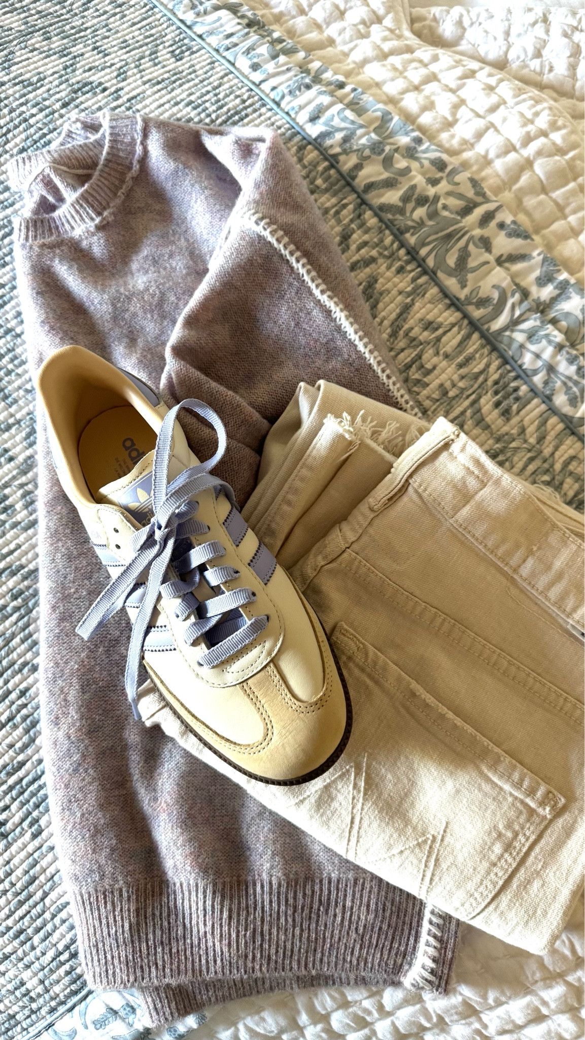 I’m a high rise jeans girl but I love this mid rise pair, especially for length. Also tagging a high rise pair I own if that’s a non negotiable for you! I’m in a 27.

This sweater is cozy but also lightweight, so perfect for spring and travel. Love the stitching! Somehow the product picture color on the website looks a little different…  my photo is accurate :) I’m in an XS.

Sneaks just dropped and I’m a half size down and 8.5!

Xo
_________

Late winter outfit, early spring outfit, white jeans, off white jeans, adidas, samba, gazelle, speziel, handball, lavender and white, Easter outfit 

#LTKStyleTip #LTKShoeCrush #LTKOver40