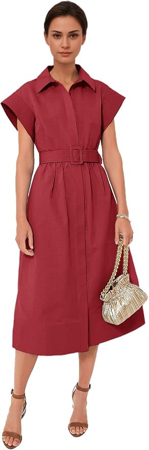 Women's Casual Button Shirt Dresses Short Sleeve Business Long Dresses Elegant Trench Coat with P... | Amazon (US)