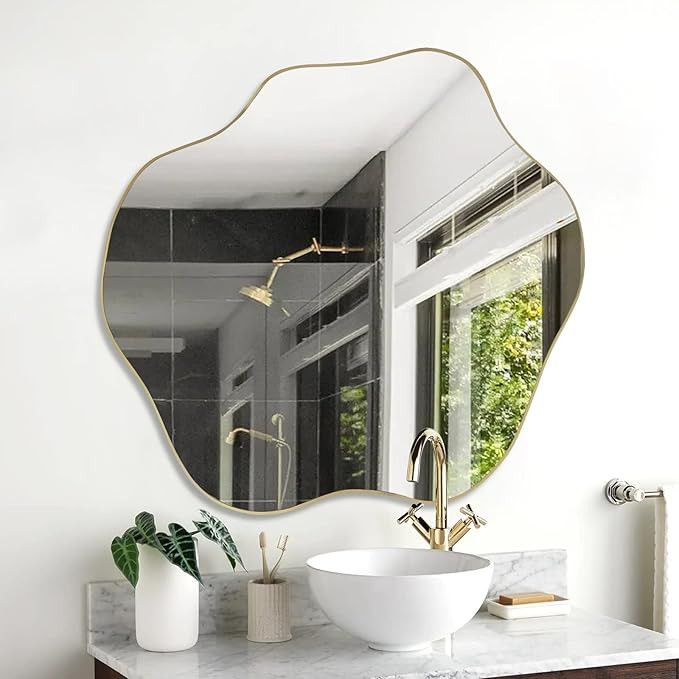 Gold Cloud Mirror, Asymmetrical Wall Mirror, Unique Irregular Shaped Mirror, Morden Wavy Frameles... | Amazon (US)