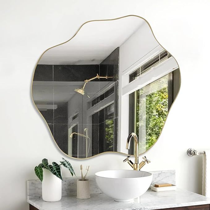 Gold Cloud Mirror, Asymmetrical Wall Mirror, Unique Irregular Shaped Mirror, Morden Wavy Frameles... | Amazon (US)