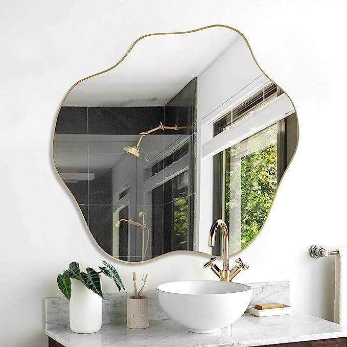 Gold Cloud Mirror, Asymmetrical Wall Mirror, Unique Irregular Shaped Mirror, Morden Wavy Frameles... | Amazon (US)