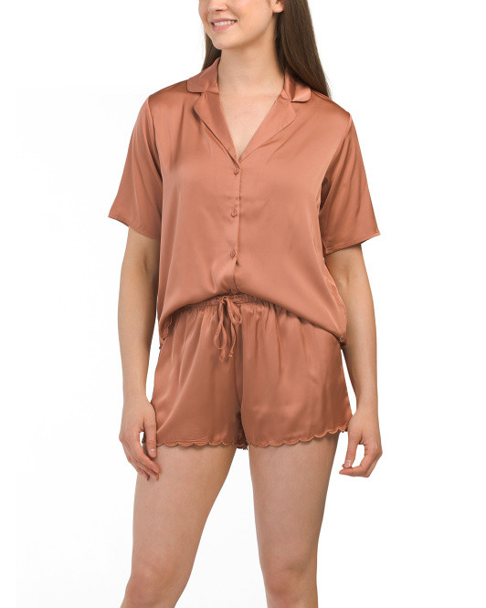 2pc Pajama Top And Shorts Set With Scalloped Edge | TJ Maxx