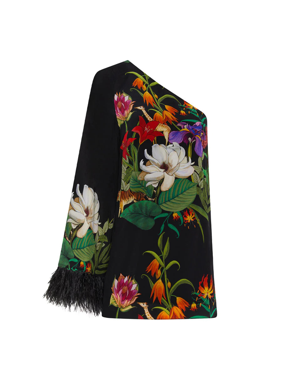 Vida Crepe One Shoulder Mini Dress in Safari Black | Over The Moon