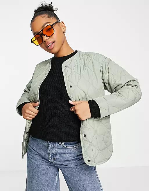 New Look collarless quilted jacket in khaki | ASOS (Global)