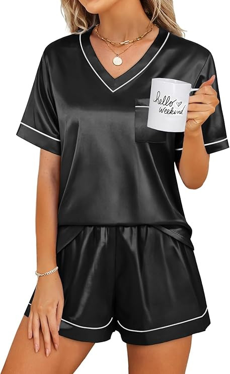 WIHOLL Silk Pajamas for Women Short Sleeve Sleepwear Soft Lounge Sets 2 Piece Satin Pjs | Amazon (US)