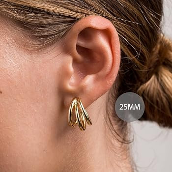 Aretes de aro de oro grueso para mujer, chapados en oro de 14 quilates, aretes de aro de triple t... | Amazon (US)