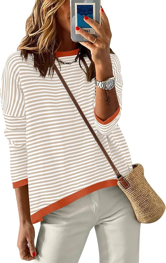 ANRABESS Womens Striped Sweaters Long Sleeve Top Crewneck Color Block Casual Loose Knitted Pullov... | Amazon (US)