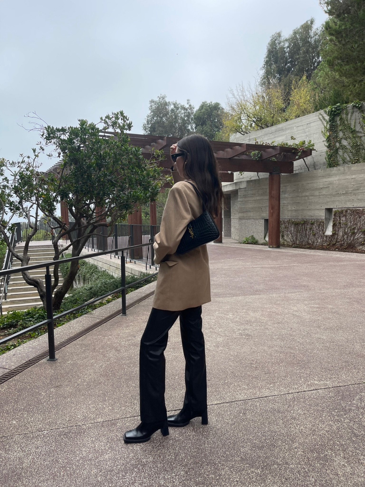 Fall outfit idea 🖤🖤 vegan leather trousers, beige blazer, YSL Le 5 a 7 bag, square toe boots, and gold hoops  

#LTKstyletip #LTKitbag #LTKSeasonal
