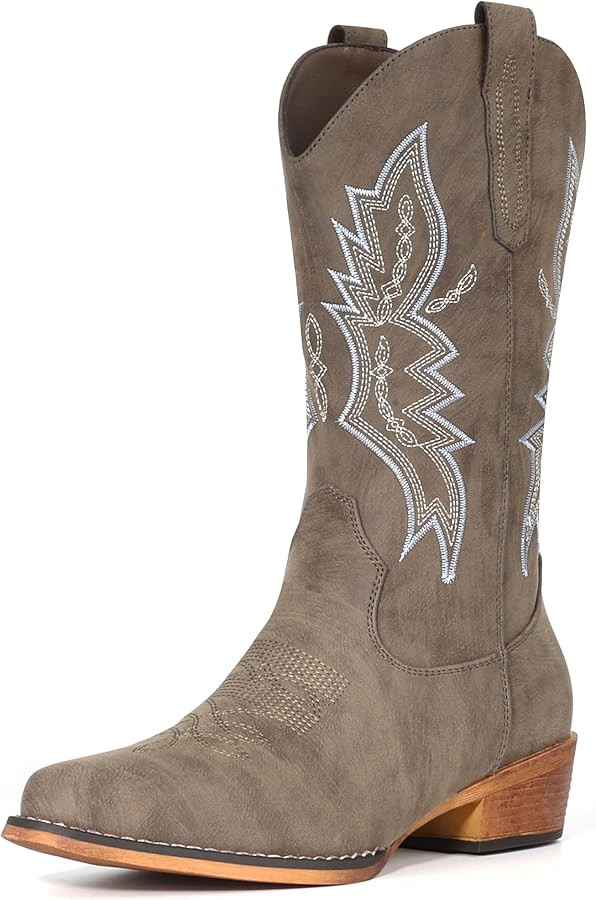 IUV Cowboy Boots For Women Western Boots Cowgirl Boots Pull On Pointy Toe Mid Calf Boots | Amazon (US)