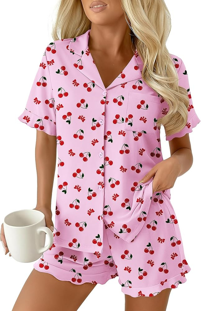 Ekouaer Pajamas Set for Women Button Down Pjs Lounge Sets Ruffle Short Sleeve Sleepwear Cute Loun... | Amazon (US)
