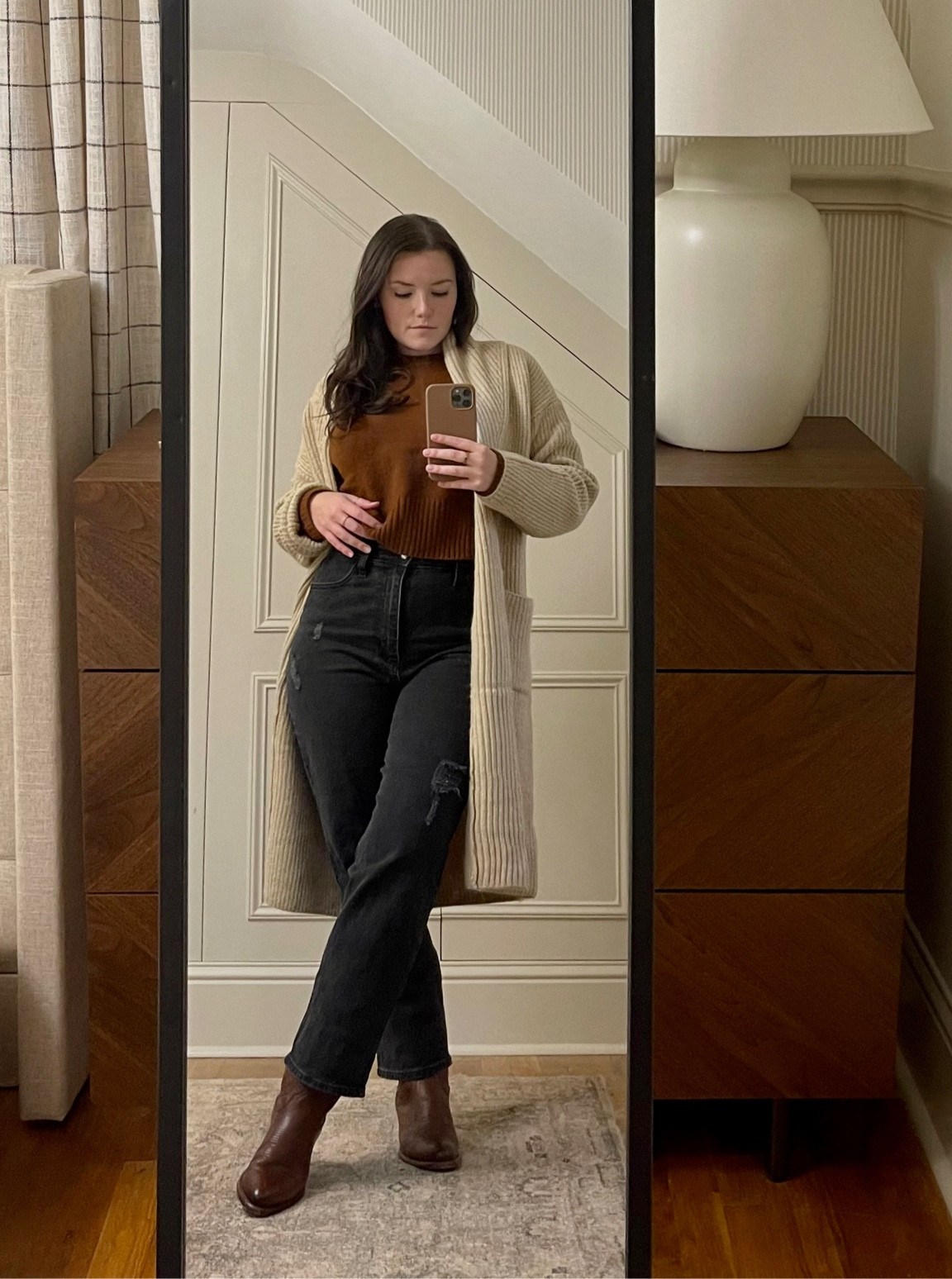 Fall outfit, fall date outfit, cowgirl boots, tecovas, gold rings, amazon find, amazon fashion, amazon jewelry, black jeans, neutral cardigan, cropped sweater, target fashion, target find, pearl earrings, fall staples, capsule wardrobe, old money outfit, long cardigan, mom jeans, pavoi, target 

#LTKfindsunder50 #LTKstyletip #LTKSeasonal