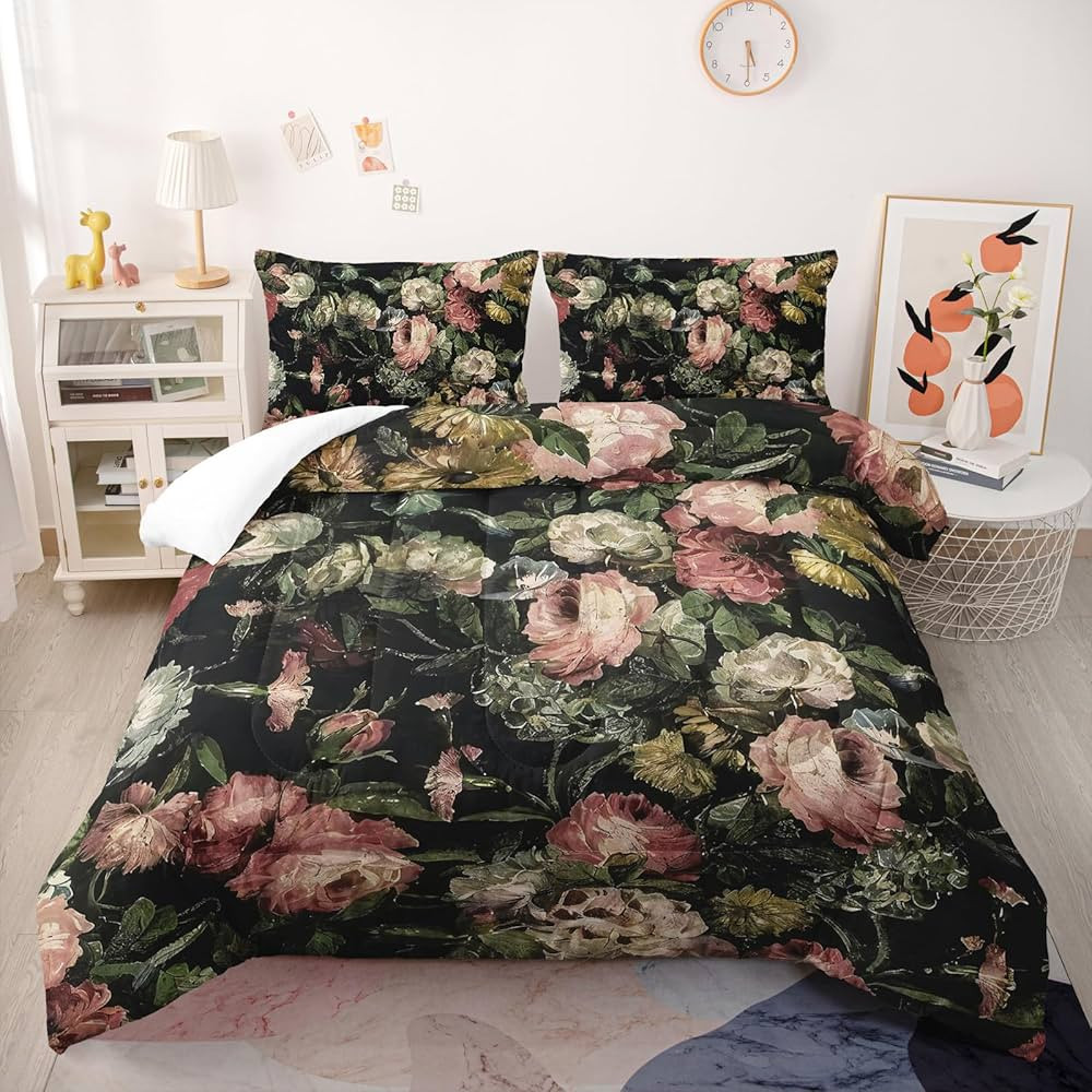 Boho Floral Comforter Set Queen Black Floral Bedding Sets 3PCS for Kids Teen Adult Flowers Leaves... | Amazon (US)