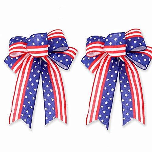 2 Pack 4th of July Decor Bow for Wreath Red White Blue Stripe Stars Tree Topper Bows for Patriotic,Independence Day,Memorial Day Outdoor Decorations 10.62 x8.66 inches (Blue) | Amazon (US)