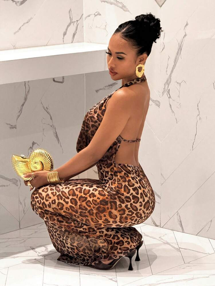 Slaydiva Summer New Arrivals: Birthday Party, Back To School, Preppy Style, Student Wear, Casual Outings, Basic Versatile Items, Casual, Vacation, Cruise Travel, Beach, Seaside, Sunbathing, Items, Street Style, Sexy & Elegant, Halter Neck Leopard Print Mesh Long Dress | SHEIN