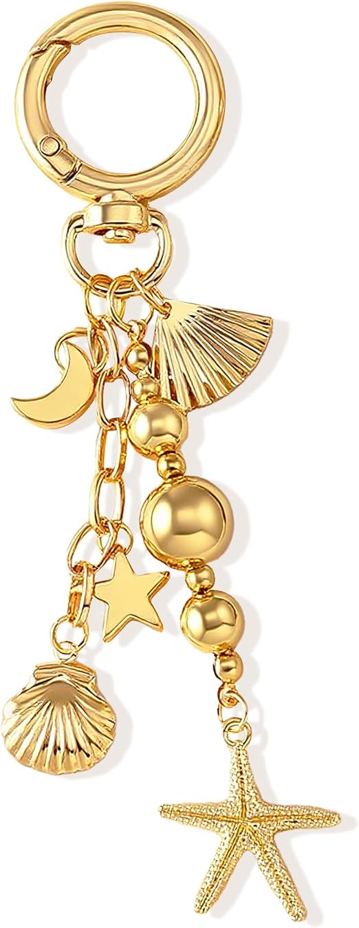 Angyape Gold Beach Keychain Cute Starfish Pearl Seashell Keychain Bag Charms Purse Charms Summer ... | Amazon (US)