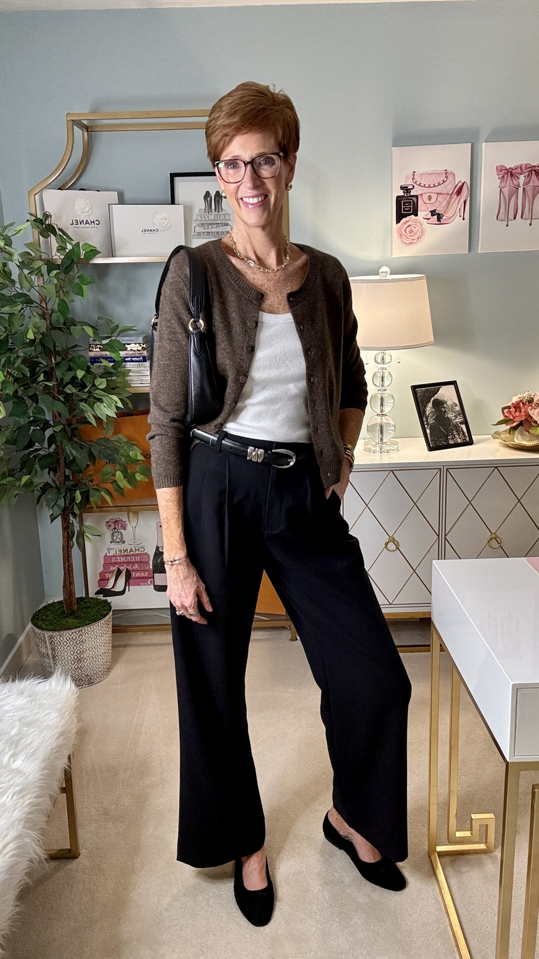 Apparently I’ve been sucking up helium???

Four simple pieces. But the details are doing more work than you think.

Comment PINTEREST  and I’ll send everything over

For Pinterest Inspired Outfit #33, I recreated a polished fall outfit with a cream tank, brown cashmere cardigan, black trousers and black woven suede flats.

What makes this neutral fall outfit work? Contrast, texture and proportion. The cream brightens the brown cashmere, the black trousers give the outfit a long clean line, and the woven suede flats add just enough texture to keep all those classic basics from feeling predictable.

At 56 and 6'1", this is exactly the kind of outfit formula I come back to: classic, comfortable, polished and easy to actually wear.

Save this one for the next time you're standing in your closet thinking your basics need “something.” You may not need another piece at all.

And send it to a friend who would wear this exact outfit.

Would you recreate this one as-is, or change one piece?

#ClassicStyleOver40 #FallOutfitIdeas #TallWomenStyle

#LTKootd #LTKOver40 #LTKTall