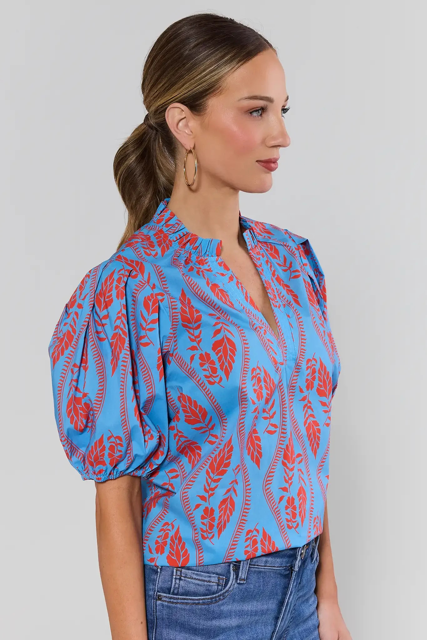 Blue Printed Puff Sleeve Top | Avara