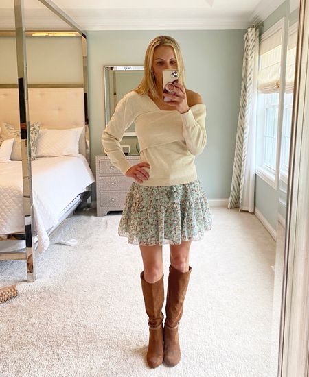 Fall Outfit with sweater, skirt and boots. 🍁 🎃 

#tallboots #falloutfit #sweater #flowyskirt #sweaterweather #bedding 

#LTKSeasonal #LTKunder100 #LTKstyletip