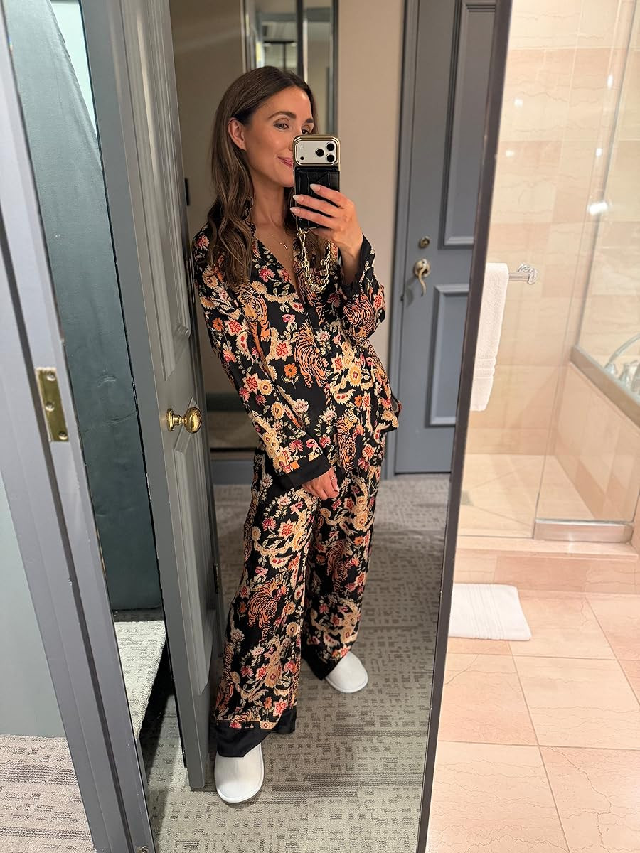 Yimoon Satin Pajama Set for Women Silk Pajamas Set 2 Piece Floral Cute Pj Set Long Sleeve Pjs Sleepwear | Amazon (US)