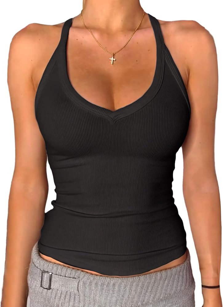 Danysu V Neck Racer Back Tank Tops for Women Padded Fitted Long Basic Cami | Amazon (US)
