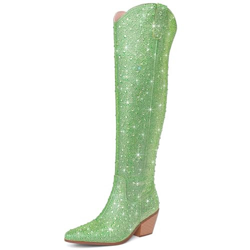 RONILURN Women Rhinestone Over the Knee Cowboy Boots, Sparkly Bling Cowgirl Boots Western Thigh High Boots Pull-On Side Zippers Chunky Heel Pointed Toe Size5-12 For Fashion&Daily | Amazon (US)