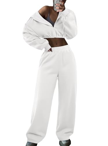 LovelyWholesale Sweatsuits Women 2 Piece Outfit Cropped Zip Up Hoodie and Sweatpants Sets White Large | Amazon (US)