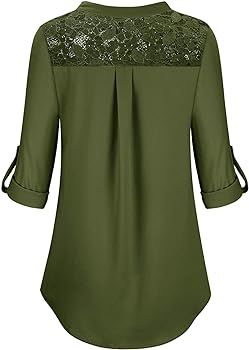 Moyabo Womens Lace Patchwork 3/4 Cuffed Sleeve V Neck Zip Up Chiffon Shirt Casual Blouse Tunic To... | Amazon (US)