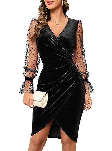 IHOT 2025 Women's Sexy V Neck Long Sheer Sleeve Velvet Faux Wrap Ruched Sheath Bodycon Cocktail P... | Amazon (US)
