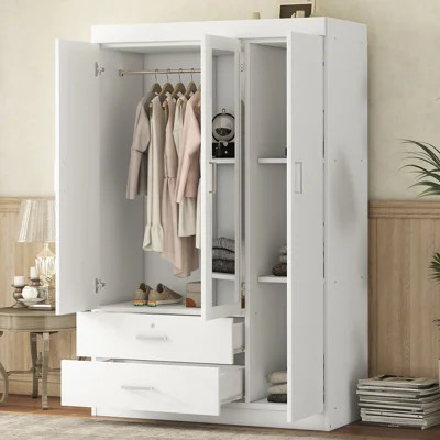 3-Door Mirror Wardrobe with shelves, White | Wayfair North America