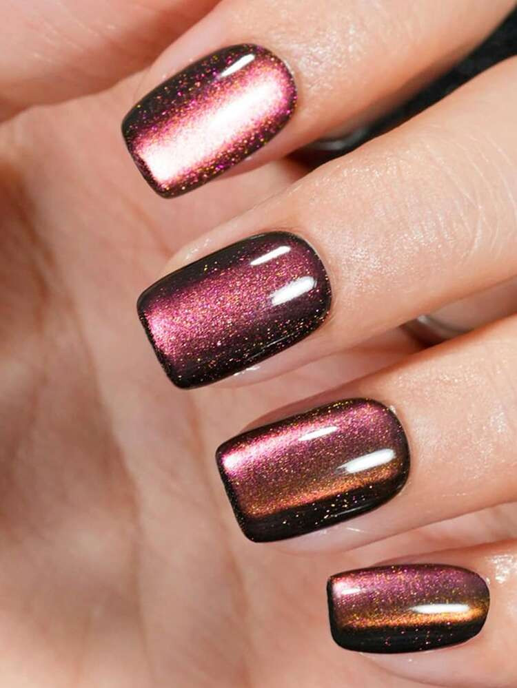 30pcs Acrylic Short Square/Almond Shape Lotus Pink Glossy Cat Eye Press-On Nails, Shiny Iridescen... | SHEIN