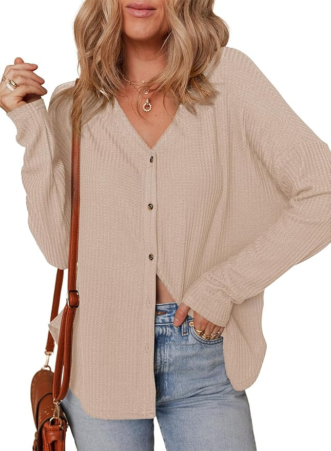 Dokotoo Women's Casual V Neck Waffle Knit Button Down Long Sleeve Shirts Loose Tops | Amazon (US)